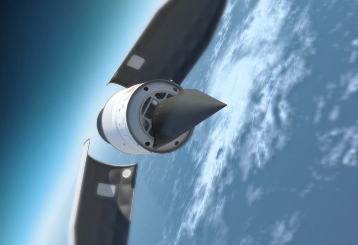 The Falcon Hypersonic Test Vehicle is depicted as it emerges from its rocket nose cone and prepares to re-enter the Earth's atmosphere. (Photo DOD)