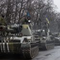 Ukrainian tanks on maneuvers in conflict with Russia.