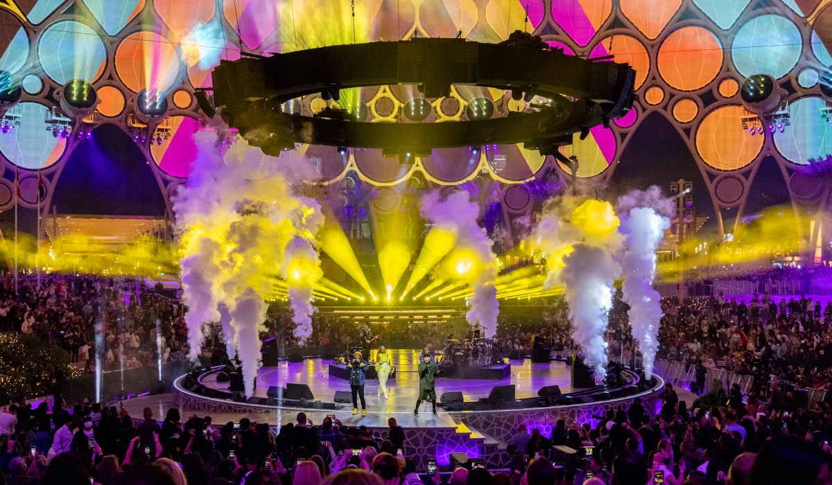 The  Al Wasl Pavillion at Expo 2020 Dubai provided a stunning backdrop for the Black Eyed Peas.  (Photo by Christophe Viseux/Expo 2020 Dubai)