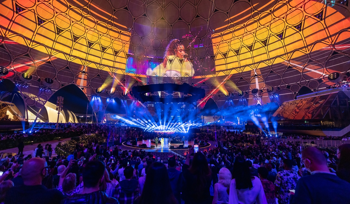 The  Al Wasl Pavillion at Expo 2020 Dubai was captured in all its grandeur during the Balck Eyed Peas show.  (Photo by Christophe Viseux/Expo 2020 Dubai)