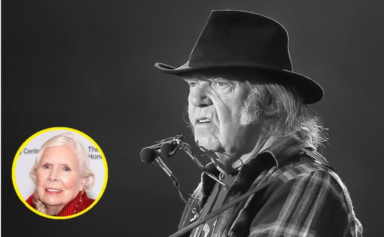 Neil Young and Joni Mitchell (inset) are protesting Joe Rogan's COVID-19 misinformation. (Photos:Library of Congress/Tore Sætre)