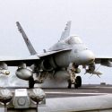 An F/A-18C Hornet launches from the waist catapult during flight operations on board the aircraft carrier USS Nimitz (CVN 68) in the Persian Gulf on Nov. 11, 1997. The Nimitz and embarked Carrier Air Wing 9 are operating in the Persian Gulf in support of the U.S. and coalition enforcement of the no-fly-zone over Southern Iraq. The Hornet is armed with AIM-9 Sidewinder heat-seeking, short-range air-to-air missiles, RIM-7M Sea Sparrow radar-guided air-to-air missiles, Rockeye cluster bombs, and the AGM-88 High Speed Anti-Radiation missile (HARM), used as an air-to-ground weapon to seek out and destroy enemy radar equipped air defense systems. The Hornet is assigned to Strike Fighter Squadron 147, Naval Air Station Lemoore, Calif. DoD photo by Petty Officer 3rd Class Christopher Mobley, U.S. Navy