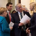 President Donald Trump talks with German Chancellor Angela Merkel, Friday, March 17, 2017, in the outer Oval Office, joined by Senior White House ouseHouseAdvisor Jared Kushner and Ivanka Trump, at the White House in Washington, D.C. (Official White House Photo by Shealah Craighead)
