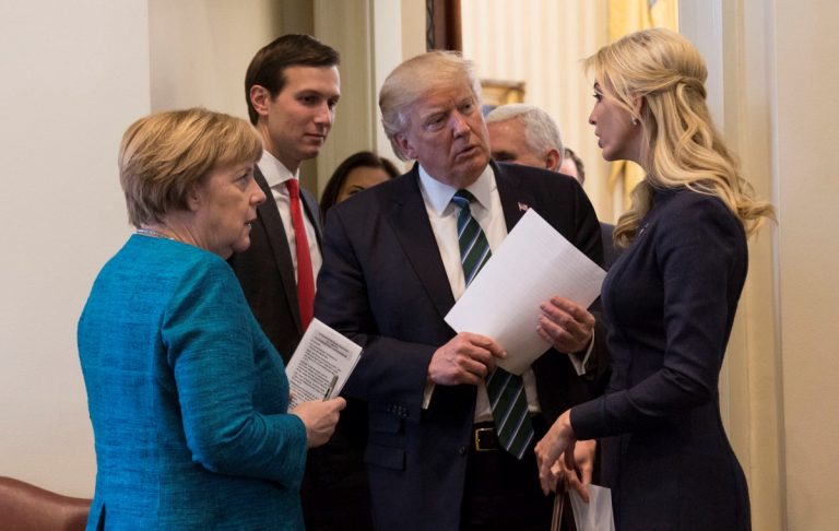President Donald Trump talks with German Chancellor Angela Merkel, Friday, March 17, 2017, in the outer Oval Office, joined by Senior White House ouseHouseAdvisor Jared Kushner and Ivanka Trump, at the White House in Washington, D.C. (Official White House Photo by Shealah Craighead)
