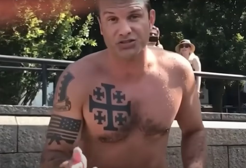 Pete Hegseth tattooed the Jeruselem Cross on his chest as a sign of his religious fevor. (Photo: NBC/ScreenCap)