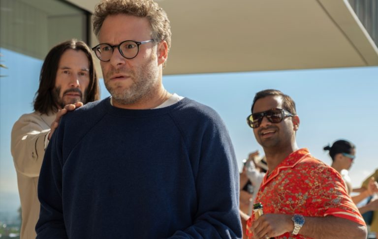 Keanu Reeves as Gabriel, Seth Rogen as Jeff, and Aziz Ansari as Arkj have a fateful meeting in 'Good Fortune. (Photo: Eddy Chen)