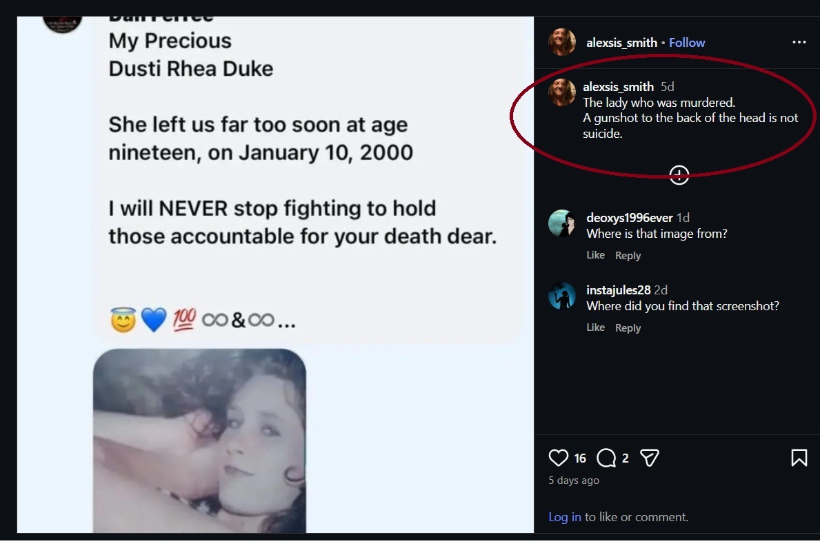 A social media post about Dusti Duke's death posted by her step father. (Instagram)