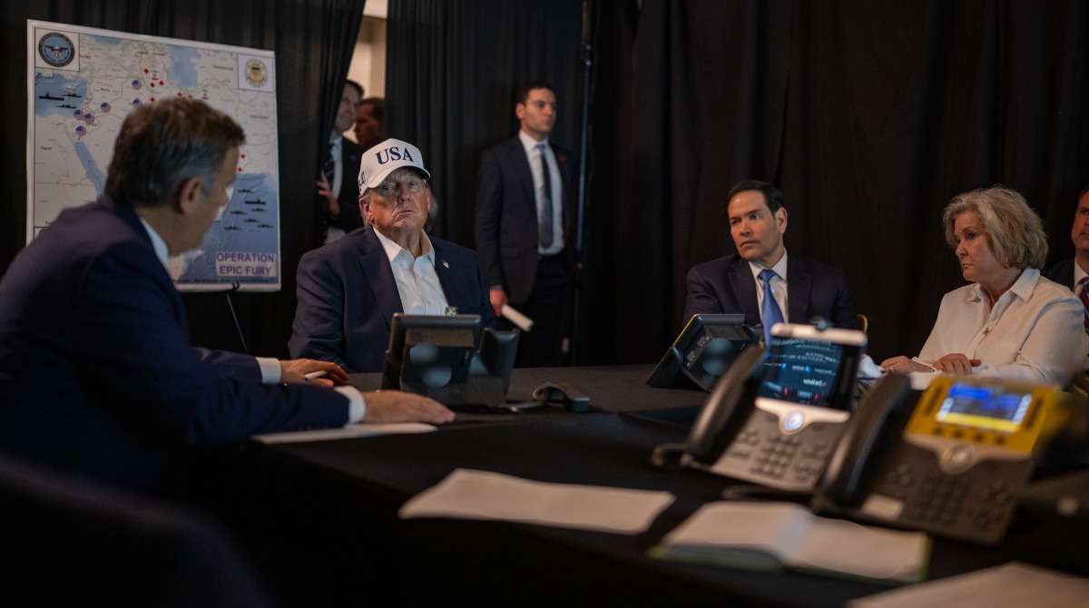 President Trump is briefed on the Iranian attack at Mar-a-Lago. (White House photo by Daniel Torok)