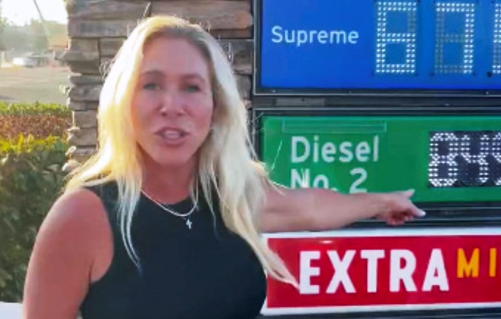 Majorie Taylor Greene was in California railing on social media about high gas and diesel prices and squarely blaming President Trump. (Photo: ScreenCap)