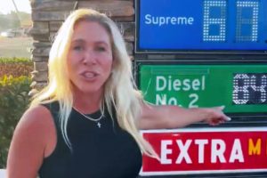 Majorie Taylor Greene was in California railing on social media about high gas and diesel prices and squarely blaming President Trump. (Photo: ScreenCap)