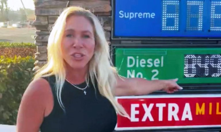 Majorie Taylor Greene was in California railing on social media about high gas and diesel prices and squarely blaming President Trump. (Photo: ScreenCap)