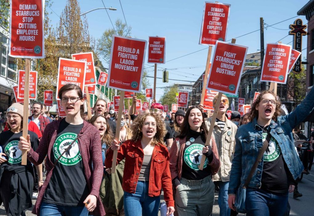 Starbucks workers rally in Seattle in support of a union. (Photo: elliotstoller)