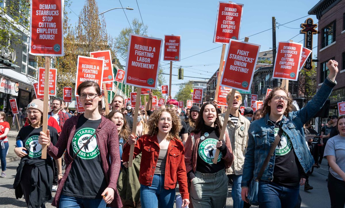 Starbucks workers rally in Seattle in support of a union. (Photo: elliotstoller)