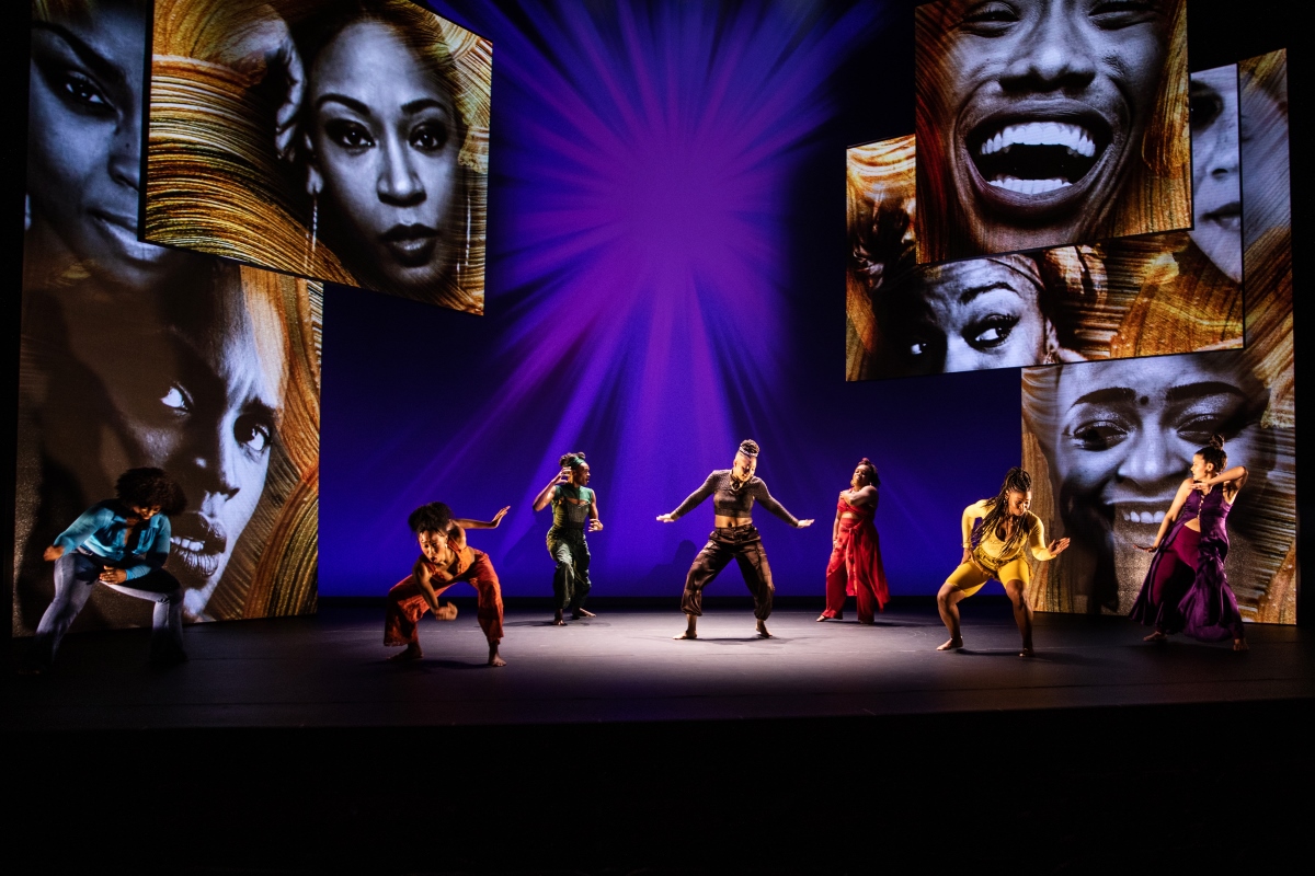 From left to right: Stacey Sargeant (in Blue), Amara Granderson (in Orange), Okwui Okpokwasili (in Green), Tendayi Kuumba (in Brown), Kenita R. Miller (in Red), D. Woods (in Yellow), Alexandria Wailes (in Purple). (Photo: Marc J. Franklin)
