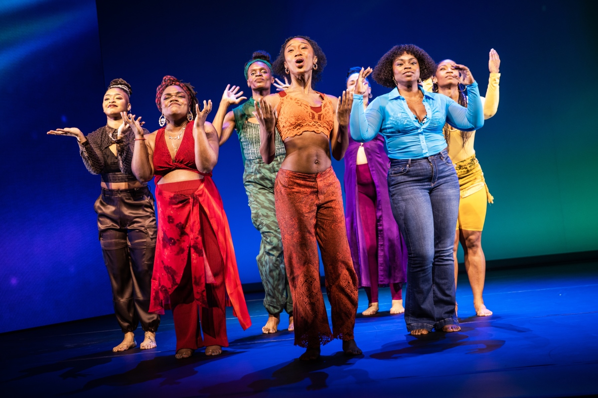 From left to right: Tendayi Kuumba (Lady in Brown), Kenita R. Miller (Lady in Red), Okwui Okpokwasili (Lady in Green), Amara Granderson (Lady in Orange), Alexandria Wailes (Lady in Purple), Stacey Sargeant (Lady in Blue), D. Woods (Lady in Yellow) (Photo: Marc J. Franklin)