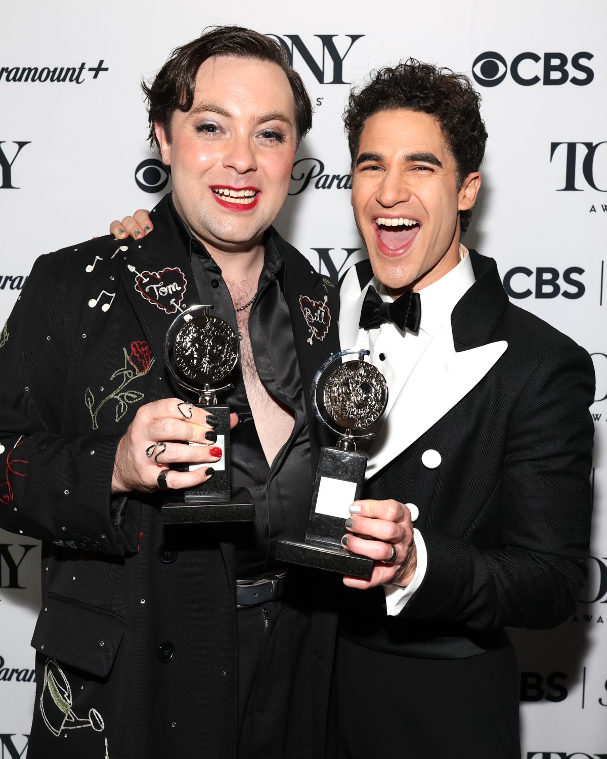 Jak Malone, winner of the Featured Actor in a Musical award for "Operation Mincemeat", and Darren Criss, winner of the Best Performance by an Actor in a Leading Role in a Musical award for "Maybe Happy Ending," at The 78th Annual Tony Awards at Radio City Music Hall in New York City. (Photo by Kevin Mazur/Getty Images for Tony Awards Productions)