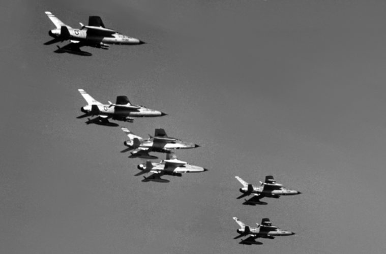 U.S. Airforce F-105 jets heading for North Vietnam in 1965, a year after the Gulf of Tonkin Resolution widened the war. (Photo: USAF)