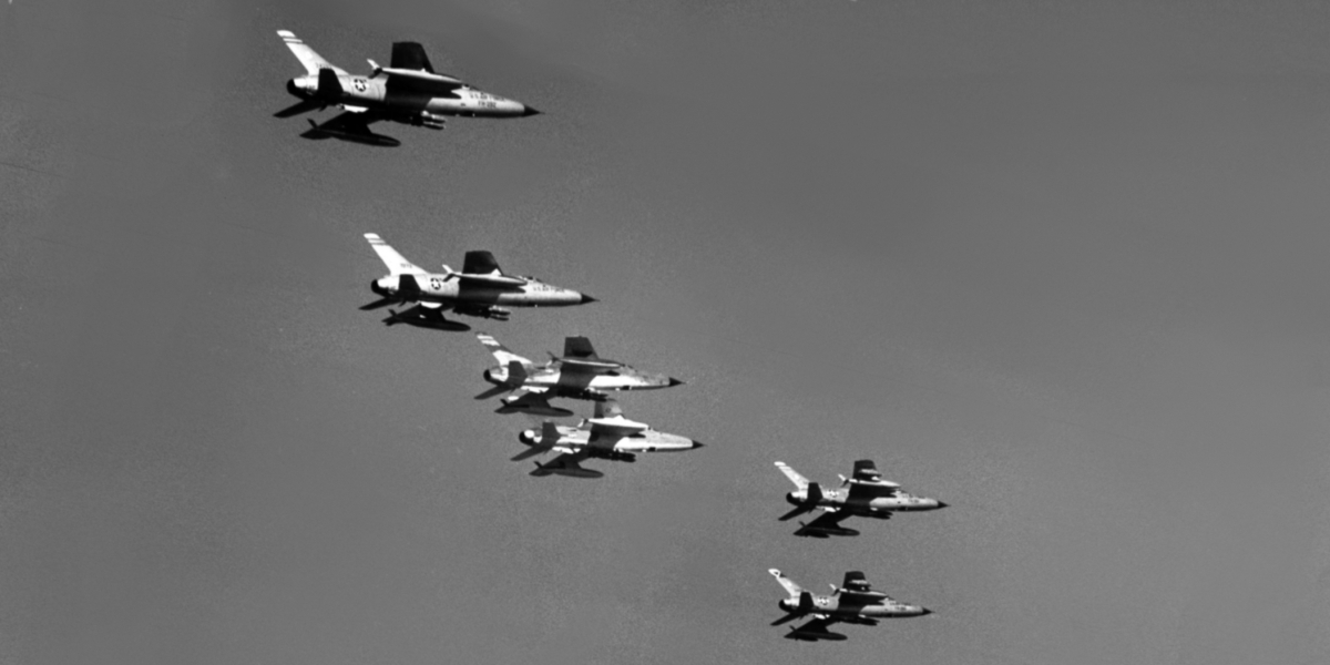 U.S. Airforce F-105 jets heading for North Vietnam in 1965, a year after the Gulf of Tonkin Resolution widened the war. (Photo: USAF)