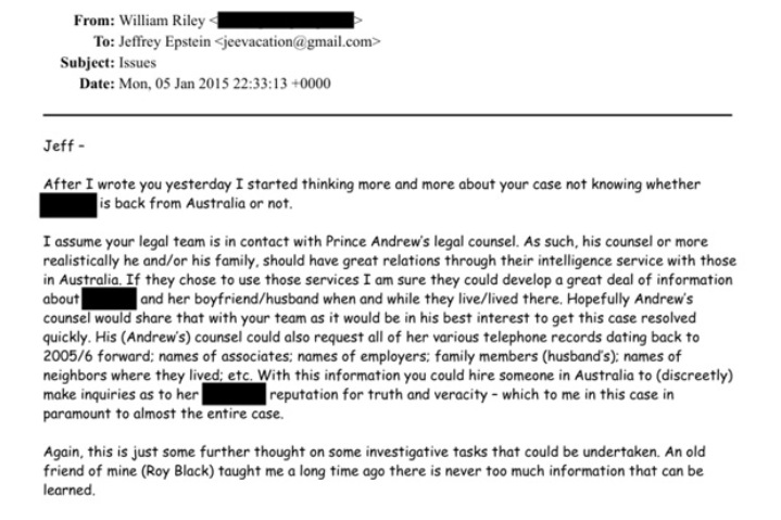William Riley, hired by Epstein to discredit Virginia Giuffre, suggested involving Prince Andrew. (Right click to enlarge in new window.)