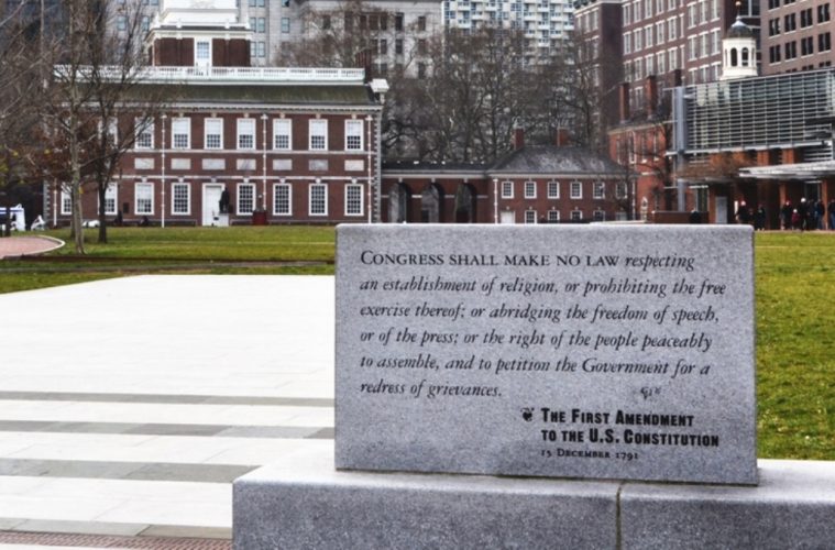 The First Amendment is enshrined in granite outside Constitution Hall in Philadelphia. (Photo: