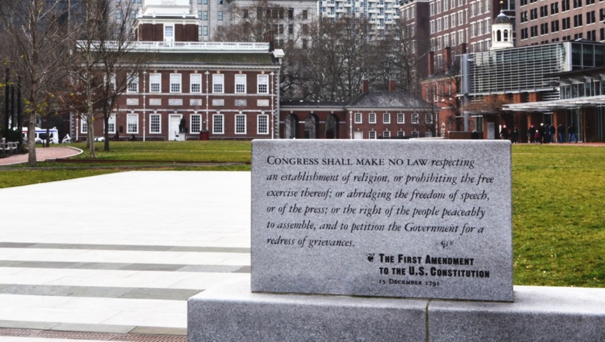 The First Amendment is enshrined in granite outside Constitution Hall in Philadelphia. (Photo: